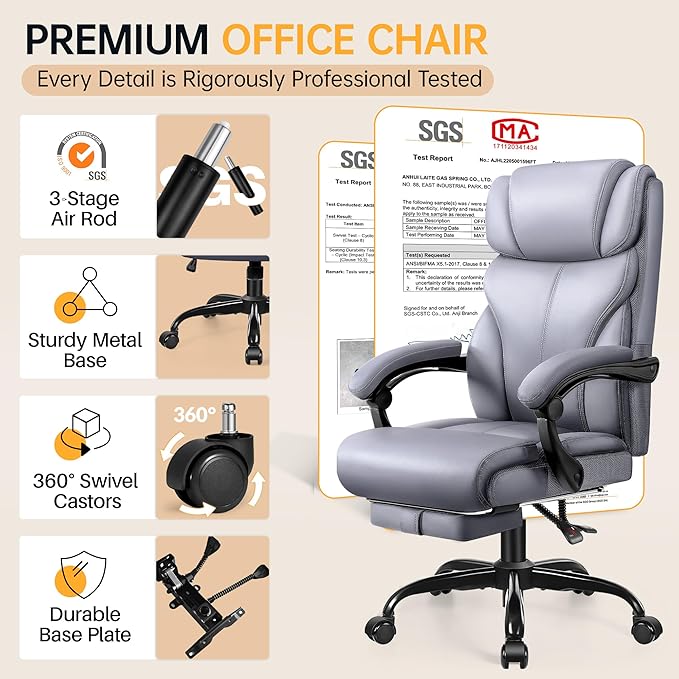 Office Chair, Executive Big and Tall Leather Desk Chairs with Footrest, Ergonomic Breathable Computer Chair with Adjustable High Back, Lumbar Support Swivel PC Chairs with Rocking Function
