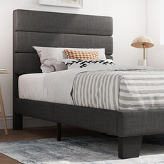 SHA CERLIN Twin Platform Bed Frame with Upholstered Fabric Headboard, Mattress Foundation with Strong Wooden Slats Support, No Box Spring Needed, Grey