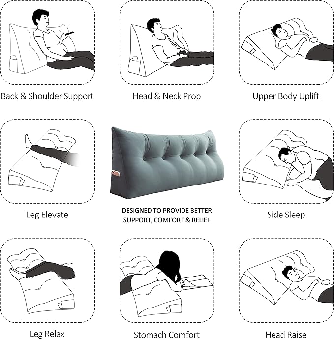 Johnear Wedge Headboard Large Bolster Pillow Reading Pillows for Sitting in Bed Adult， Velvet Triangular Cushion Backrest Lumbar Back Support Upholstered Daybed Sit Up Book Pillows（Lightgray, Queen）