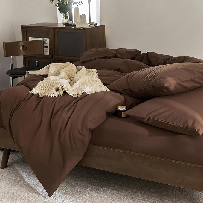 FOSSA Duvet Cover Set 100% Washed Cotton Linen Feel Super Soft Breathable Cozy 3 Pieces Bedding Sets Solid Cocoa Brown Queen