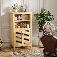 HITNET Bathroom Cabinet Freestanding, Bamboo Storage Cabinet 5-Tier Floor Cupboard with Door and Shelf for Bathroom, Kitchen, Hallway, Natural