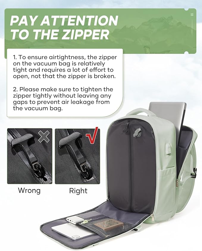 Vacuum Travel Backpack with Electric Vacpack Pump for Women, 40L Expandable Vacuum Compression Bags Personal Item Backpacks Flight Approved Traveling Carry on Suitcase Luggage, Light Green