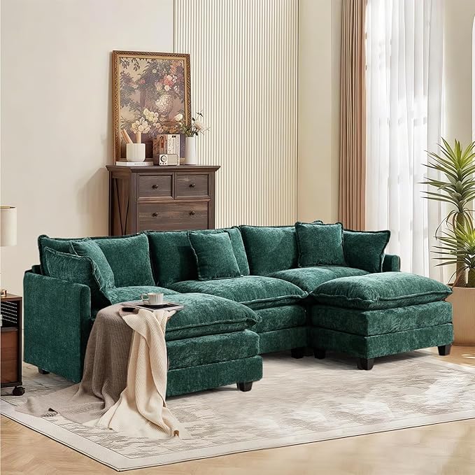 SoarFlash 113.78" Chenille Sectional Sofa, Comfy U Shaped Modular Coush Sofa with Ottoman, Modern 4 Seat Couch Deep Seat Sofa Set for Living Room,Green