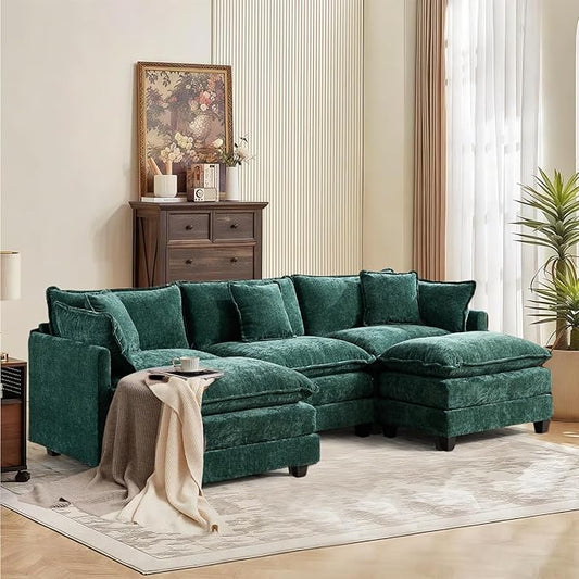 SoarFlash 113.78" Chenille Sectional Sofa, Comfy U Shaped Modular Coush Sofa with Ottoman, Modern 4 Seat Couch Deep Seat Sofa Set for Living Room,Green