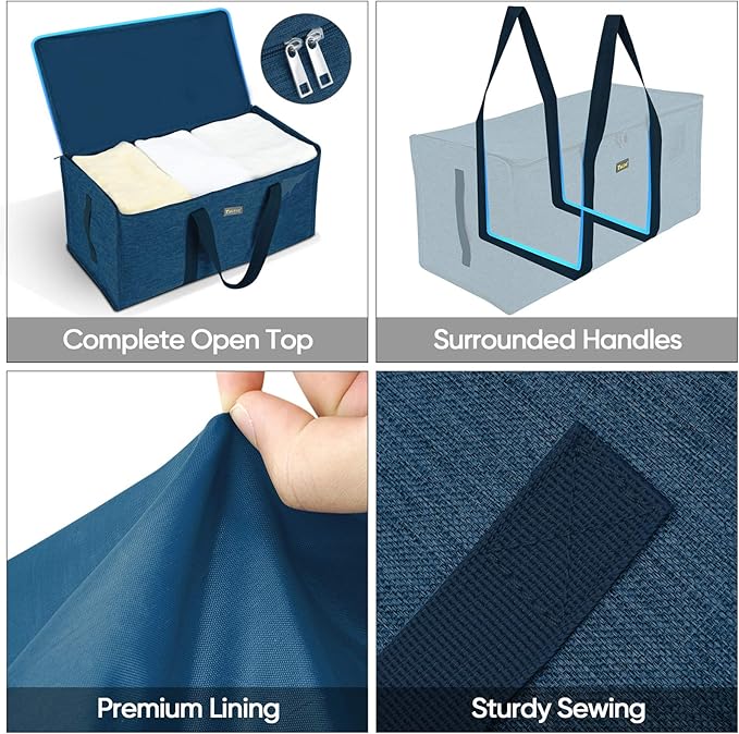 BALEINE Extra Large Storage Tote with Zippers & Carrying Handles, Heavy-Duty Oxford Fabric Moving Bags for Laundry, Space Saving, Storage, Denim Blue
