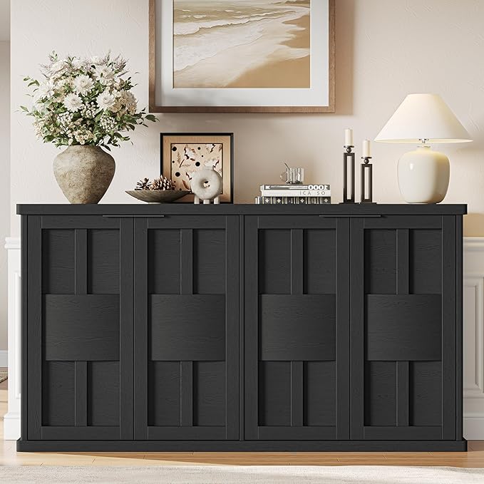 Sideboard Buffet Cabinet with Storage, 60" Modern Farmhouse Accent Cabinet with Geometric Fluted Doors & Magnetic Catch, Wood Coffee/TV Console Table Credenza for Kitchen, Living Room (Black)