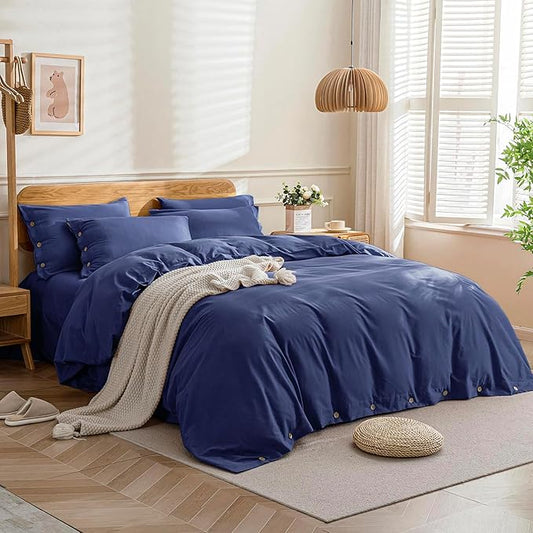 JELLYMONI Cotton Duvet Cover Queen Size - Navy Blue Comforter Cover with Button 100% Washed Cotton 3PCS Breathable Soft Solid Bedding Set Duvet Cover 90×90in & 2 Pillowcases (NO Comforter)