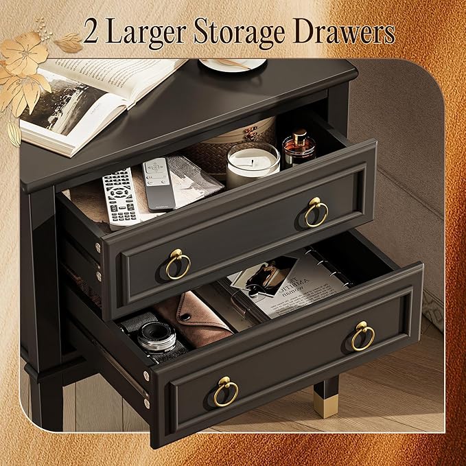 Huuger 27.6 Inch Tall Nightstand with Charging Station, USB-C Port, Larger Night Stand Set of 2, Bedside Table with 2 Drawers, 11.4 Inch Raised Legs, Side Tables End Tables, for Bedroom, Black