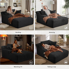 67 Inch Oversized Chaise Lounge Chair Indoor, Corduroy Upholstered Boneless Sofa Bed, Deep Seat Sleeper Couch Reading Chairs, Cloud Sofas Couches for Living Room, No Assembly Required (Black)