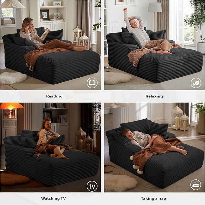 67 Inch Oversized Chaise Lounge Chair Indoor, Corduroy Upholstered Boneless Sofa Bed, Deep Seat Sleeper Couch Reading Chairs, Cloud Sofas Couches for Living Room, No Assembly Required (Black)