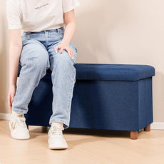 B FSOBEIIALEO Storage Ottoman with Tray, Foot Stools and Ottomans with Legs, Storage Cube Seat Linen Blue 30