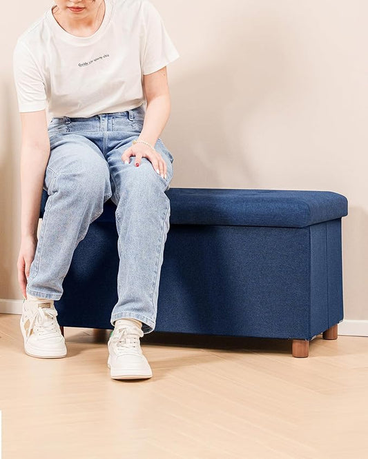 B FSOBEIIALEO Storage Ottoman with Tray, Foot Stools and Ottomans with Legs, Storage Cube Seat Linen Blue 30"
