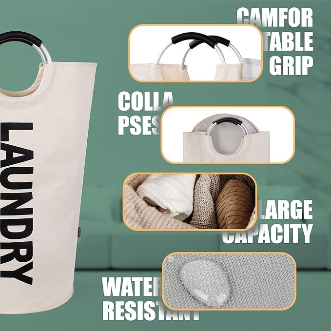 Caroeas 100L Laundry Basket,Large Laundry Hamper, Laundry Bag with Padded Handles, Clothes Hamper Stands Up Well, Collapsible Free Standing Easy Storage Washing Bin (Beige,100L)