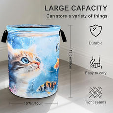 Cute Cat Laundry Basket Foldable Oxford Cloth Tote Bag Laundry Hamper Clothes Storage Bucket Organizer For Bathroom/Laundry Storage/Bedroom 19.6x15.7 Inch