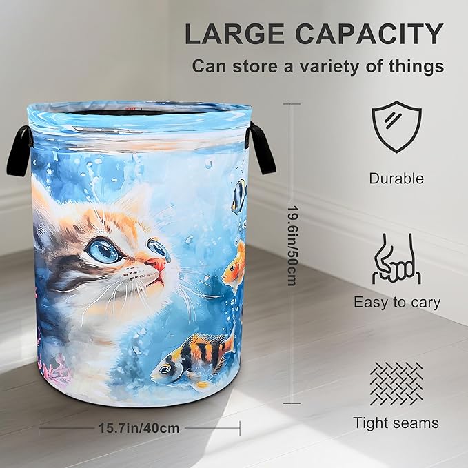 Cute Cat Laundry Basket Foldable Oxford Cloth Tote Bag Laundry Hamper Clothes Storage Bucket Organizer For Bathroom/Laundry Storage/Bedroom 19.6x15.7 Inch
