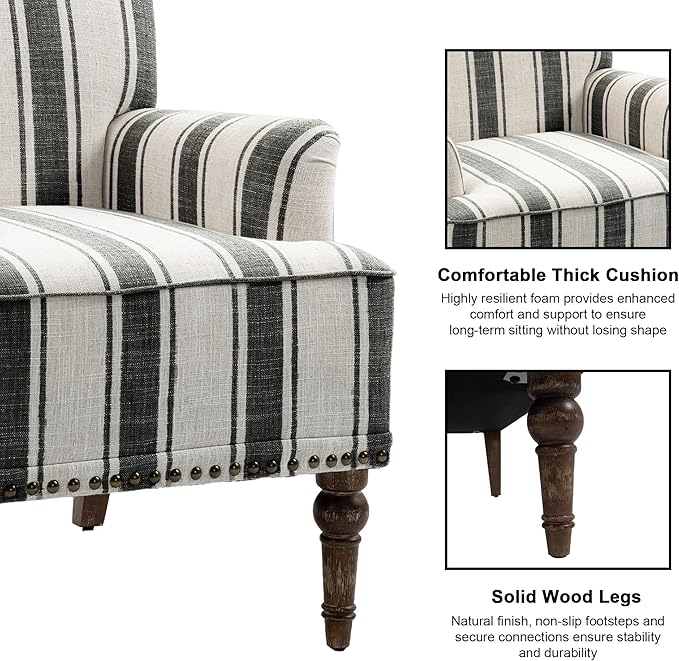 Accent Chair, Mid Century Modern Comfy Armchair for Living Room, Linen Fabric Single Sofa Lounge for Reading Bedroom Apartment Waiting Room with Wood Legs (Black Stripe, Set of 1)