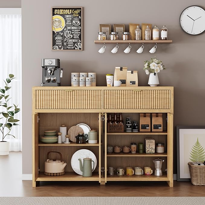 Fluted Sideboard Buffet Cabinet with Storage Drawers, 55" Large Accent Storage Cabinet with Doors and Adjustable Shelf, Modern Farmhouse Credenza for Entryway, Kitchen, Living Room - Wood