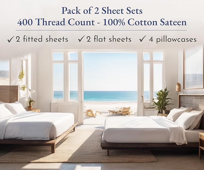 California Design Den 2-Pack Queen Bed Sheets Set - 400 Thread Count 100% Cotton Sateen - Soft and Breathable Sheets, 2 Sets of Deep Pocket Bed Sheets - Light Grey