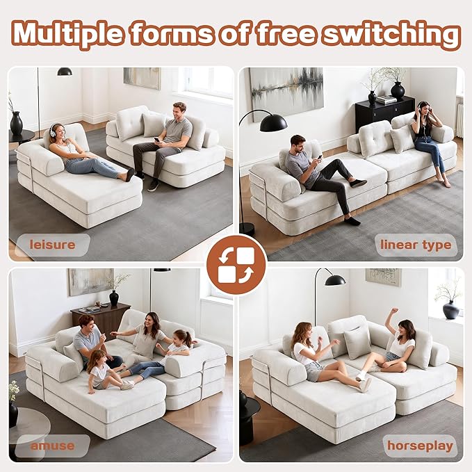 104" Oversized Convertible Sleeper Sofa Bed, Chenille L Shape Sectional Couch, Folding Sofa Bed with Fixed-Shape Frame, Modern Cloud Floor Mattress Couch, Modular Sofa for Living Room, Light Grey