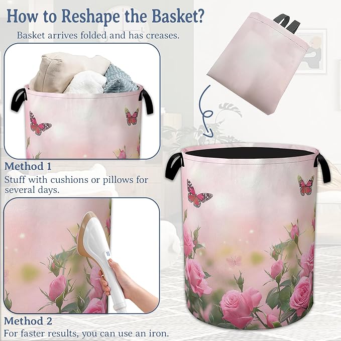 Butterfly Laundry Basket,Oxford Cloth Pink Rose Laundry Hamper With Handle Foldable Portable Clothes Storage Basket for Laundry Room/Bedroom/Bathroom 20.8"x16"