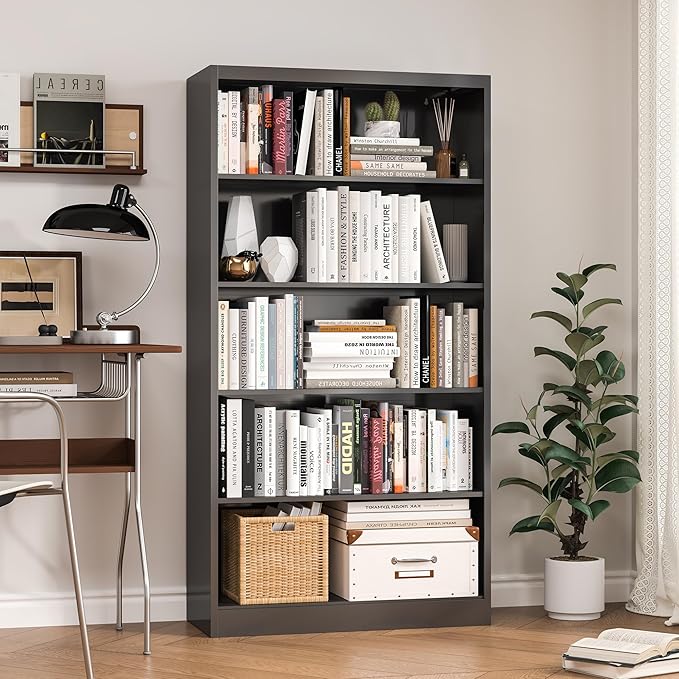 Bookcase,5 Tier Black Bookshelves,55" Tall Free Standing Metal Bookcase with Adjustable Storage Shelves, Industrial Wide Bookshelf for Bedroom Living Room Home Office School (Black)
