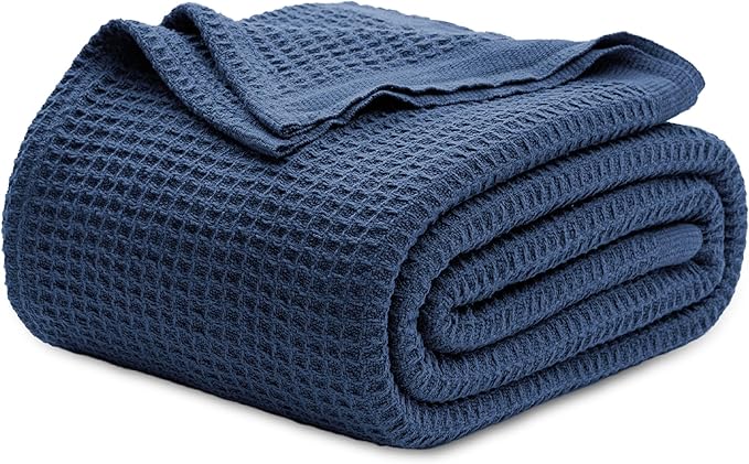 Bedsure Gentlesoft 100% Cotton Blanket King Size for Bed - Breathable and Soft, Thick Cozy Waffle Weave Christmas Blanket Gift for Women, Navy, 104x90 inches