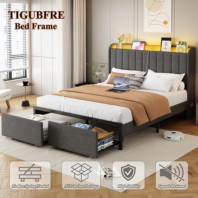 Full Size Bed Frames with Storage Headboard and 2 Drawers, Upholstered Platform Bed Frame Full with Led Lights and Handy Charging Station, No Box Spring Needed, Easy Assembly, Noise Free, Gray