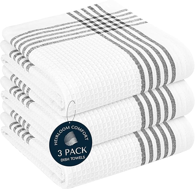 Black and White Kitchen Towels 3 Pack, 16x26 Inch, 100% Cotton Waffle Weave, Super Absorbent, Quick Dry, Reusable Dish Towels for Cleaning, Drying, Cooking, Washing