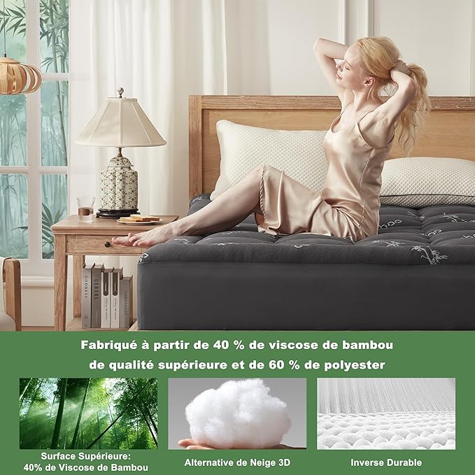 BEDLORE King Mattress Topper Viscose Derived from Bamboo, Thick Pillow Top Mattress Pad with Stretchable Pockets for 6"-18" Mattress, Soft Breathable Mattress Topper for Back Pain Relief(Dark Gray)