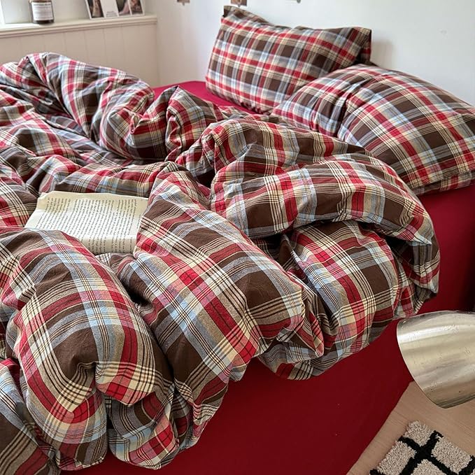 VM VOUGEMARKET Red Brown Plaid Duvet Cover Set King,3 Pieces Washed Cotton Bedding Set,Breathable Luxury Checkered Duvet Cover with 2 Pillowcases