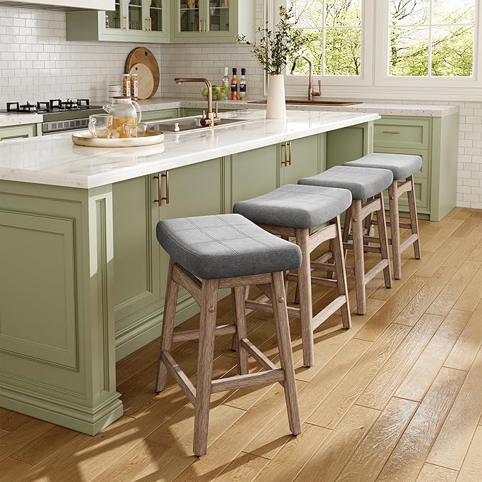 MAISON ARTS Counter Height Bar Stools Set of 3 for Kitchen Counter Solid Wood Legs with Fabric Saddle Seat Farmhouse Barstools for 34"-38" Counter Island Upholstered Stools, 24in, Grey Cushion