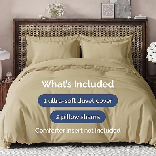 CGK Unlimited Duvet Cover Queen Size Set - Extra Soft Queen Size Duvet Cover 90 x 90 with 2 Pillow Shams - Hotel Quality, Fade Free w/Zipper Closures & Ties - Bedding and Bed Linens Set (Beige)