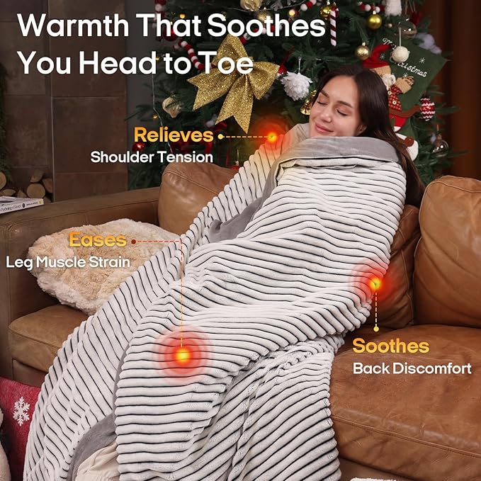ZonLi 2-in-1 Weighted Heated Blanket for Back Pain, Heated Weighted Blankets (60”x80”,15lbs), 6 Heating Levels 1-10H Auto Off, Soft Ribbed Flannel Washable, Queen Size Chirstmas Gift for Family