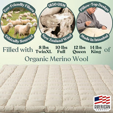 Organic Merino Wool Mattress Topper - Luxury Pillow Top Mattress Pad, Handmade, Non-Toxic, Cooling & Hypoallergenic, Natural Back Pain Relief, Sustainable Bedding (Full)