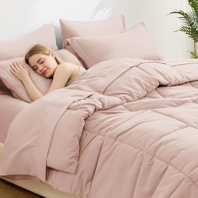 Love's cabin Twin Comforter Set Blush Pink, 5 Pieces Twin Bed in a Bag, All Season Bedding Sets with 1 Comforter, 1 Flat Sheet, 1 Fitted Sheet, 1 Pillowcase and 1 Pillow Sham