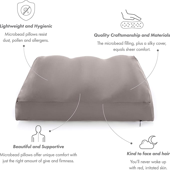 PILLOWY Premium Microbead Bed Pillow, Medium Extra Fluffy But Supportive - Ultra Comfortable Sleep with Silk Like Anti Aging Cover 85% Spandex/ 15% Nylon Breathable, Cooling Stone Gray