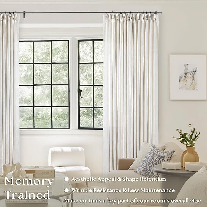 Natural Cream Pinch Pleated Linen Curtains 92 Inches Long for Living Dining Room Bedroom Thick Linen Pinch Pleat with Hooks Rings Back Tab Light Filtering Boho Farmhouse Semi Sheer 92 Inch Curtain