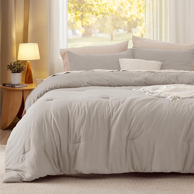 Bedsure Queen Size Comforter Set, Linen Soft Prewashed Bedding for All Seasons, 3 Pieces GentleSoft™ Warm Down Alternative Bed Set, 1 Lightweight Comforter (90"x90") and 2 Pillowcases (20"x26")