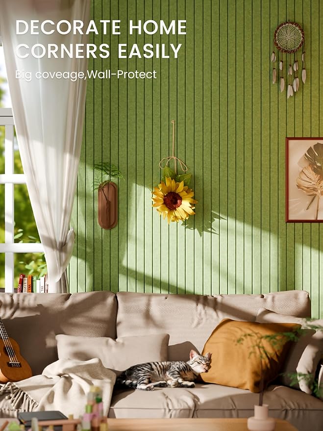 Bumusty Large Cork Board Alternative-47 x35 Felt Bulletin Board Tiles, with 30 Pushpins, 70 Adhesive Tabs, 12-Pack Slat Wall Paneling, Cork Boards for Office Push Pin Board Felt Board-Kelly Green