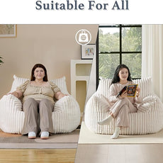 Giant Plush Bean Bag Chair for Adults with Armrests - Oversized Comfy Beige Beanbag Lounge Lazy Floor Sofa Accent Chair for Living Room, Bedroom & Dorm, Cozy Fluffy Single Cloud Mini Couch