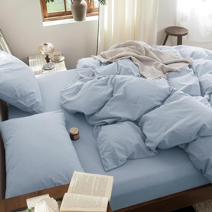 FOSSA Duvet Cover Set 100% Washed Cotton Linen Feel Super Soft Breathable Cozy 3 Pieces Bedding Sets Solid Cornflower Blue Oversized King