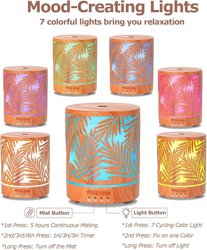 Essential Oil Diffuser Metal Aromatherapy Oil Diffusers for Large Room,Water Plants Pattern Ultrasonic Cool Mist Diffuser with Waterless Auto Shut-Off Protection,for Home Office,300ML