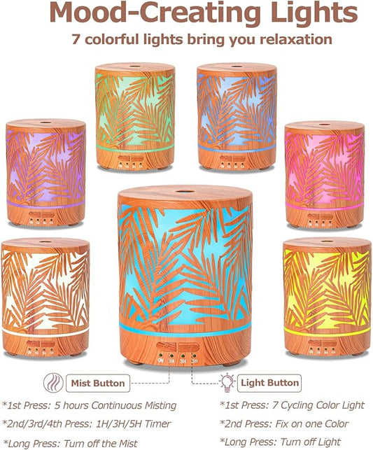 Essential Oil Diffuser Metal Aromatherapy Oil Diffusers for Large Room,Water Plants Pattern Ultrasonic Cool Mist Diffuser with Waterless Auto Shut-Off Protection,for Home Office,300ML