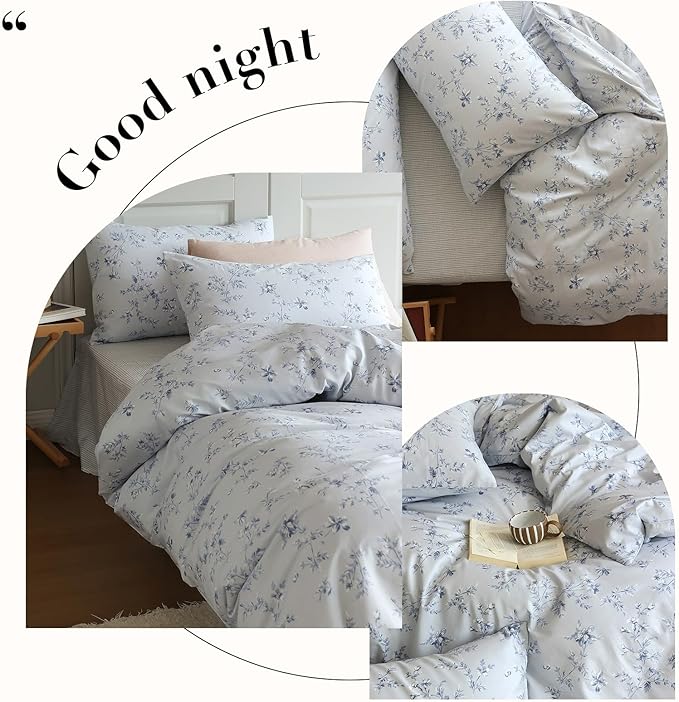 HighBuy Vintage Blue Floral Duvet Cover Queen Premium Cotton Flower Bedding Comforter Cover Boho Floral Girls Bedding Set Queen Garden Style Cottagecore Duvet Cover with Zipper Closure Corner Ties