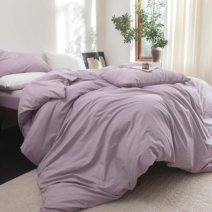 FOSSA Duvet Cover Set 100% Washed Cotton Linen Feel Super Soft Breathable Cozy 3 Pieces Bedding Sets Solid Light Purple Queen
