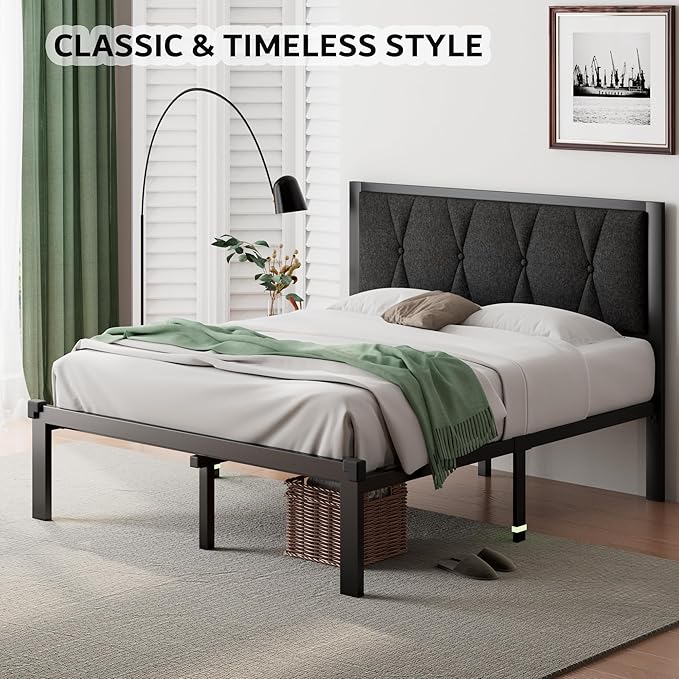 iPormis Full Size Metal Bed Frame, Linen Button Tufted Headboard Platform Bed, Heavy Duty Slats Support, 12" Under Bed Storage, No Box Spring Needed, Easy Assembly, Dark Gray