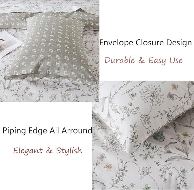 FADFAY Duvet Cover Set Queen Colorful Butterfly Bedding Vintage Botanical Comforter Cover Set Shabby Branches Bedding 100% Cotton Ultra Soft Quilt Cover with Hidden Zipper Closure 3Pcs, Queen Size