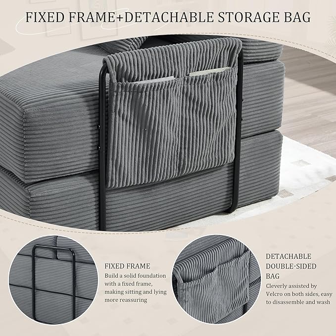 106" Oversized Convertible Sleeper Sofa Bed, Corduroy L Shape Sectional Couch, Folding Sofa Bed with Side Pocket, Modern Cloud Floor Mattress Couch, Modular Sofa for Living Room, Gray