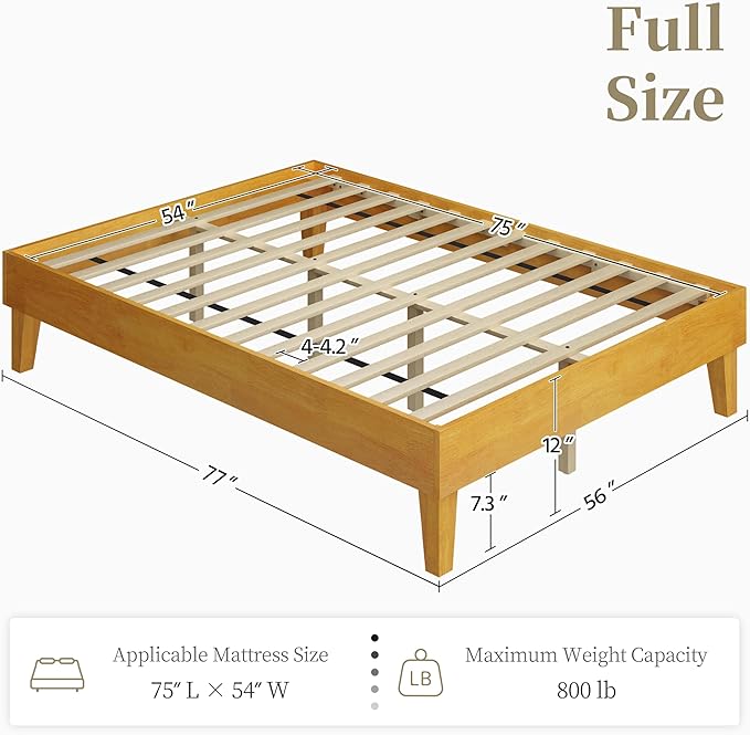 Yaheetech Full Bed Frame Natural Solid Wood Platform Bed with Wooden Slats Support, 12-inch Underbed Space for Storage, Noise-Free Design, Easy Assembly, Natural Wood Finish