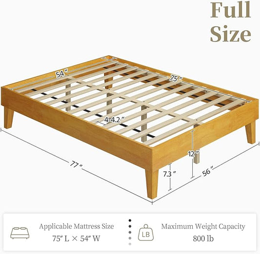 Yaheetech Full Bed Frame Natural Solid Wood Platform Bed with Wooden Slats Support, 12-inch Underbed Space for Storage, Noise-Free Design, Easy Assembly, Natural Wood Finish